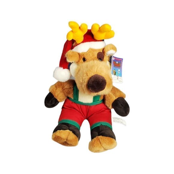 Chosun Reindeer Plush Santa Hat Overalls Brown Red Christmas Holiday Vintage 17" - Picture 1 of 11